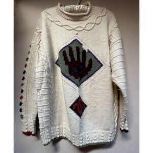 Vintage Madrigal Carmel Sweater Wool Cable Embroidered Knitted Mock Neck Ivory
